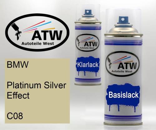 BMW, Platinum Silver Effect, C08: 400ml Sprühdose + 400ml Klarlack - Set, von ATW Autoteile West.